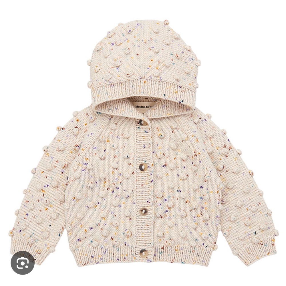 Misha and Puff Kids Hooded Popcorn Cardigan in sea glass confetti size 6-7
